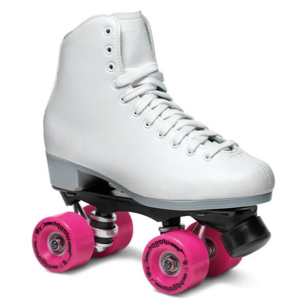 NEW Sure-Grip Quad Roller Skates - MALIBU SERIES White w/ Pink Wheels Women's 6